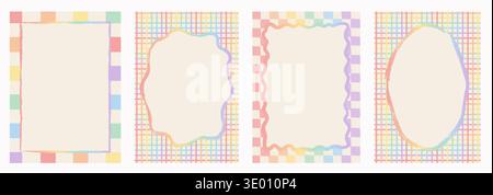 Pastel rainbow pride frame and card set. Retro hand-drawn checkerboard, gingham, and grid borders with blank copy space. Cute LGBT aesthetic for Stock Vector