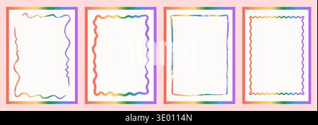 Vibrant rainbow gradient frame set. Retro hand-drawn wavy and rectangular borders with blank copy space. Funky neon line art labels for pride events Stock Vector