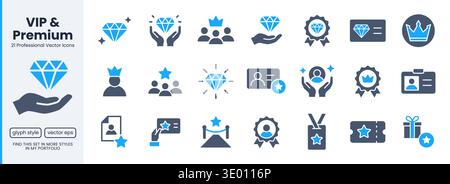 VIP status, loyalty glyph icon set. Exclusive membership benefit, diamond, premium quality minimal vector illustrations. Simple doutone signs for club Stock Vector
