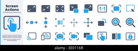 Screen glyph icon set. Resize, zoom, fullscreen, capture, lock, select area, scalable minimal vector illustrations. Simple doutone signs for display Stock Vector