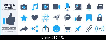 Social media glyph icon set. Camera, chat bubble, heart, notification bell, shopping cart vector illustrations. Simple doutone signs for internet sns Stock Vector