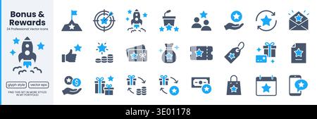 Bonus glyph icon set. Benefit gift, exclusive reward, star VIP award, ticket minimal vector illustrations. Simple doutone signs, loyalty premium Stock Vector