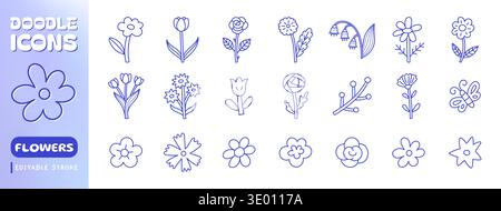 Flowers doodle line icon set. Hand drawn rose flower, tulip, daisy, spring garden plants, butterfly, dandelion, lily of the valley minimal vector Stock Vector