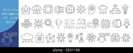 Set of 30 line icons about artificial intelligence. Vector illustration for AI technology websites, machine learning apps, startup Stock Vector