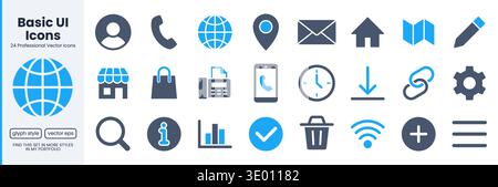 Web and communication glyph icon set. User, phone, mail, location, home minimal vector illustrations. Simple doutone signs for contact us, basic UI Stock Vector