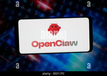 In this photo illustration, the logo of AI agent software OpenClaw is displayed on a smartphone in front of abstract background on computer screen. Stock Photo