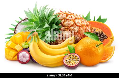 Collection of fresh exotic tropical fruits including pineapple, mango, papaya, banana and others isolated on a white background. Clipping path. Stock Photo