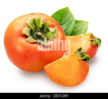 Ripe persimmon fruit and two persimmon slices on white background. File contains clipping path. Stock Photo