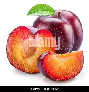 Ripe chinese plum with green leaf and plum slices isolated on white background. File contains clipping paths. Stock Photo