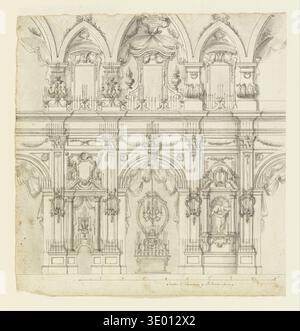 This 18th-century architectural drawing by an unknown artist depicts a section of a Salon Wall adorned with candles, showcasing elaborate Baroque or Rococo design elements. The intricate illustration features arches, pilasters, drapery, and candelabra, with a central niche possibly holding a sculpture. Stock Photo