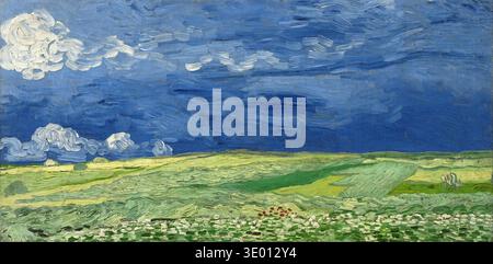 This captivating oil painting titled "Wheatfield Under Thunderclouds" by Vincent van Gogh, created in 1890, depicts a dramatic landscape. The tumultuous dark blue sky, punctuated by swirling white clouds, looms over a vibrant green and yellow wheatfield, rendered with his characteristic impasto brushstrokes, hinting at an impending storm. Stock Photo