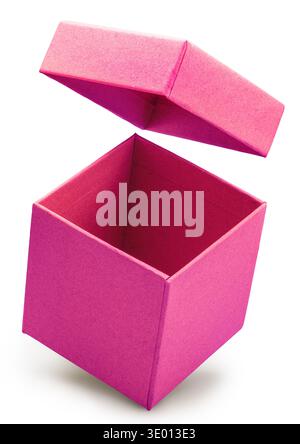 Open empty pink gift box and lid floating above a box isolated on white background. File contains clipping path. Stock Photo