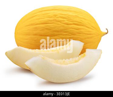 Canary yellow melon and melon slices isolated on white background. File contains clipping path. Stock Photo