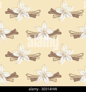 Seamless pattern with vanilla flowers and cinnamon sticks in hand-drawn line art style on warm beige background. Vector illustration Stock Vector