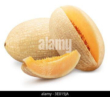 White oval melon and melon slice isolated on white background. File contains clipping path. Stock Photo
