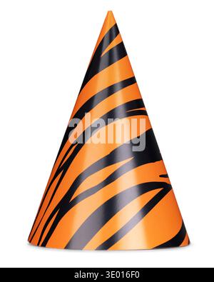Orange and black tiger print cone hat for parties and celebrations. Side view. Ideal for cutout and use as photo prop. Isolated on a white background. Stock Photo