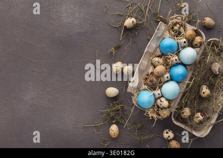 Easter background. Colored eggs on gray stone surface Stock Photo