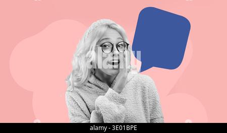 Creative Collage Showcasing a Woman Speaking Into a Speech Bubble on a Colorful Background Stock Photo