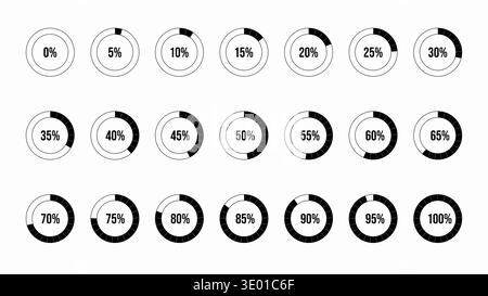 Outline set of circular progress bars, Loading icons from 0% to 100% for UI/UX web design and apps Stock Vector