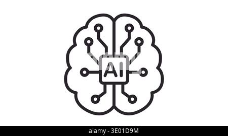 Black Line AI Brain Icon – Artificial Intelligence Circuit Mind Vector Stock Vector