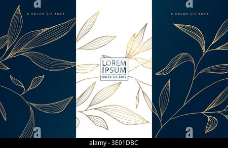 Luxury gold floral pattern, dark background, elegant line flowers and leaves. Premium vector design for wine labels, cosmetic packaging, perfume box Stock Vector