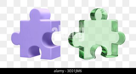 3D puzzle icon isolated, purple plastic and green glass. Isometric jigsaw perspective, administrative solution partnership. Solve team tech problems Stock Vector