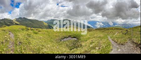 Panoramic view of a green meadow and mountains under a cloudy sky in Königsleiten Austria Tirol region during the summer season. This image is suitabl Stock Photo