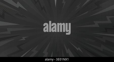 Black comic book background. Pop art halftone explosion with radial rays, vector zoom line and thunder lightning. Stock Vector
