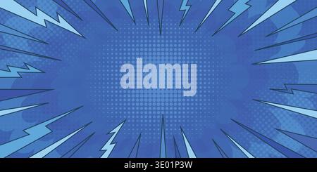 Pop art comic blue background with thunder burst. Radial comic book explosion. Anime superhero dynamic lightning flash backdrop. Cartoon vector comic Stock Vector
