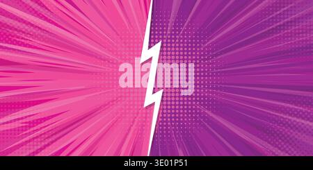 Pop art versus comic background. Pink and purple vs battle background with lightinings. Fighting split comic backdrop. Stock Vector
