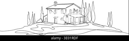 continuous line drawing of house on hill, tuscany style villa, line art vector illustration Stock Vector