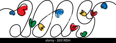 2029 Continuous line Hand Drawn Lettering with tulips, hearts shape with multicolor spots. Line Art. Isolated Vector illustration New Year Greeting Thematic Cards design Party Invite, leaflet, banners Stock Vector