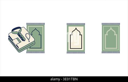 Three minimalist icons display Islamic religious items including a folded thobe with prayer beads and green prayer rugs. These clean graphics are idea Stock Vector