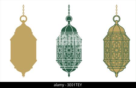 A collection of three ornate Arabic lanterns featuring intricate geometric patterns. Presented in gold silhouette, green line art, and gold outlines, Stock Vector