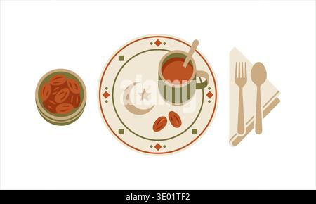 This minimalist illustration depicts a traditional Iftar meal with dates, coffee, and a crescent moon plate. The warm earth tones create a peaceful an Stock Vector