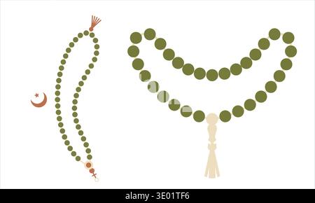 Minimalist flat vector illustration of green Islamic prayer beads with a crescent moon and star symbol. Perfect for Ramadan, Eid, and spiritual market Stock Vector