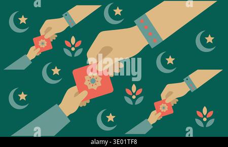 This flat vector illustration shows a generous pattern of hands exchanging red envelopes during Eid alFitr. Crescent moons and stars adorn the green Stock Vector
