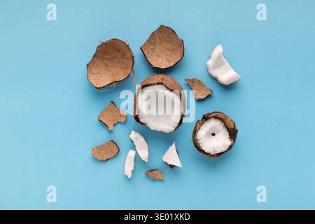 Closeup healthful coconuts on a light blue background Stock Photo