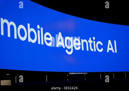 a banner with "mobile agentic AI" on display, concept of future of AI, innovation and computing Stock Photo