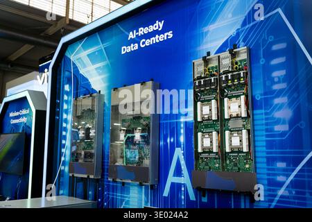 close up of server racks in a data center used for ai with cables and plugs. Concept of hardware and connectivity for AI computing center Stock Photo