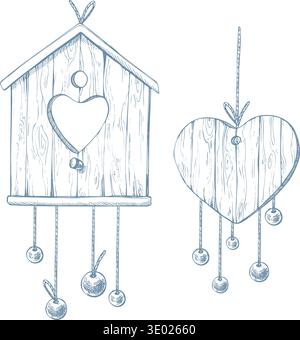 A wooden birdhouse and heart with beads hanging on strings. A hand-drawn ink graphic illustration in a line art style. A set of decorative elements Stock Vector