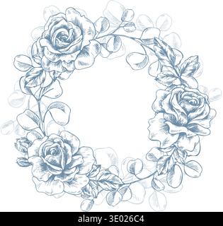 A wreath with flowers, roses, leaves, and eucalyptus branches. A hand-drawn, ink-based graphic illustration in a line art style. A round frame with Stock Vector