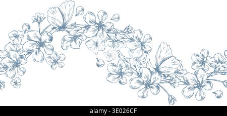 A wave pattern of apple tree branches with flowers and butterflies. A hand-drawn ink graphic illustration in a line art style. A long seamless border Stock Vector