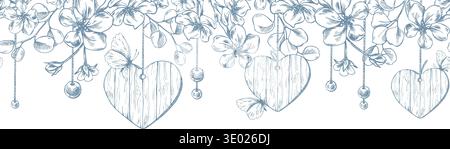 Wooden hearts and beads hung with apple blossoms and butterflies. Hand-drawn ink graphic illustration in line art style. Seamless border pattern for Stock Vector