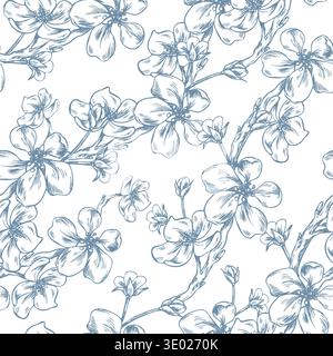 Intertwining apple tree branches with flowers and buds. A hand-drawn ink graphic illustration in a line art style. A seamless spring and summer Stock Vector
