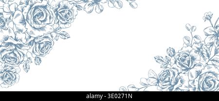 Corners with flowers, roses, leaves, and eucalyptus branches. Hand-drawn ink graphic illustration in line art style. Rectangular horizontal frame Stock Vector