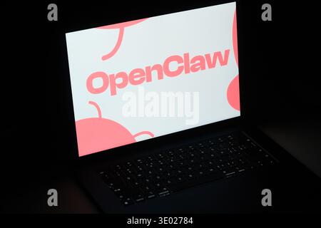 Shanghai,China-March 10th 2026: OpenClaw logo on laptop PC in dark. AI agent Stock Photo