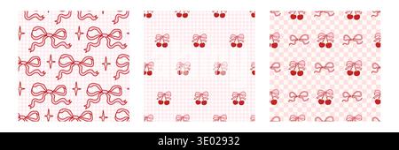 Coquette seamless pattern set with hand drawn bows and cherries on pink gingham backgrounds, cute red line doodles, girly romantic aesthetic, playful feminine design for fabric, wrapping, stationery Stock Vector