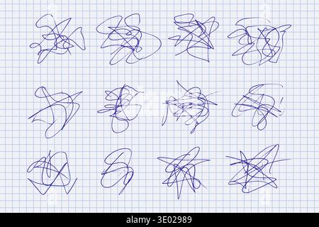 Messy pen scratch abstract doodle collection on graph paper background, blue ink chaotic scribbles and tangled lines, hand drawn nervous sketches symbolizing confusion, stress, creativity Stock Vector