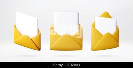 3D Three yellow envelopes with white paper sheets Stock Vector